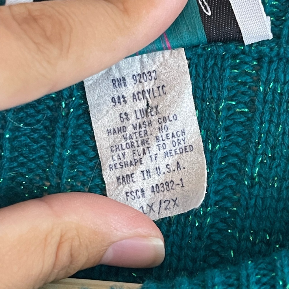 Diane Von Furstenberg DVF Teal Metallic Cable Knit Sweater Lurex Plus Size 1X 2X - Picture 8 of 8